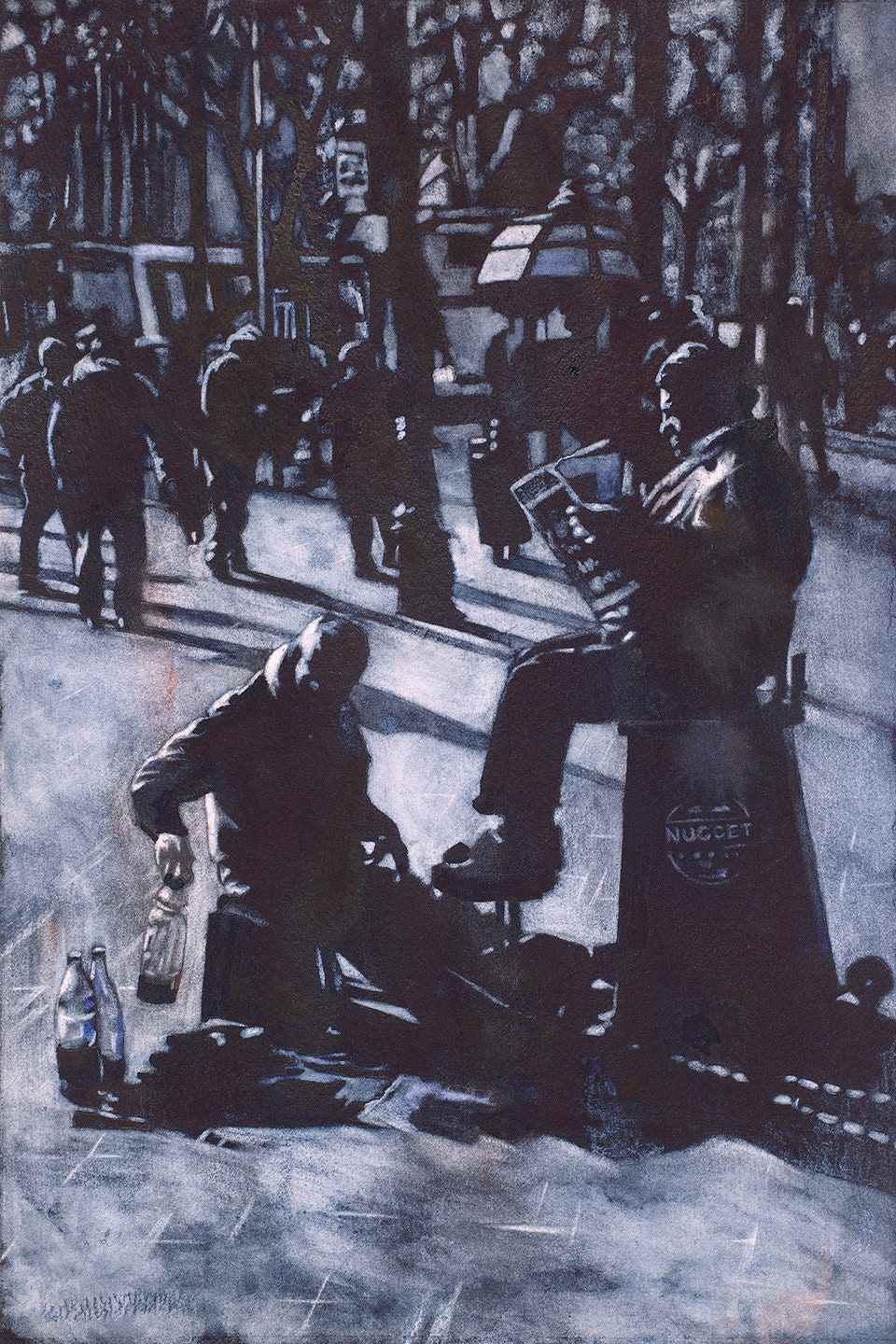 Painting of shoe-shiner & customer in the city of Santiago, Chile.  Watercolor painting monochromatic black artwork watercolor Santiago (print)