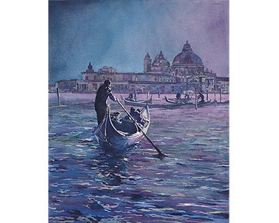 Expressive watercolor of Santa Maria della Salute and gondolier in romantic nighttime Venice.