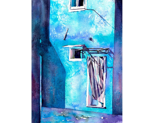 Italy colorful doorway painting.  Fine art watercolor of colorful house and doorway in Burano, Italy home decor Burano Venice artwork (print)