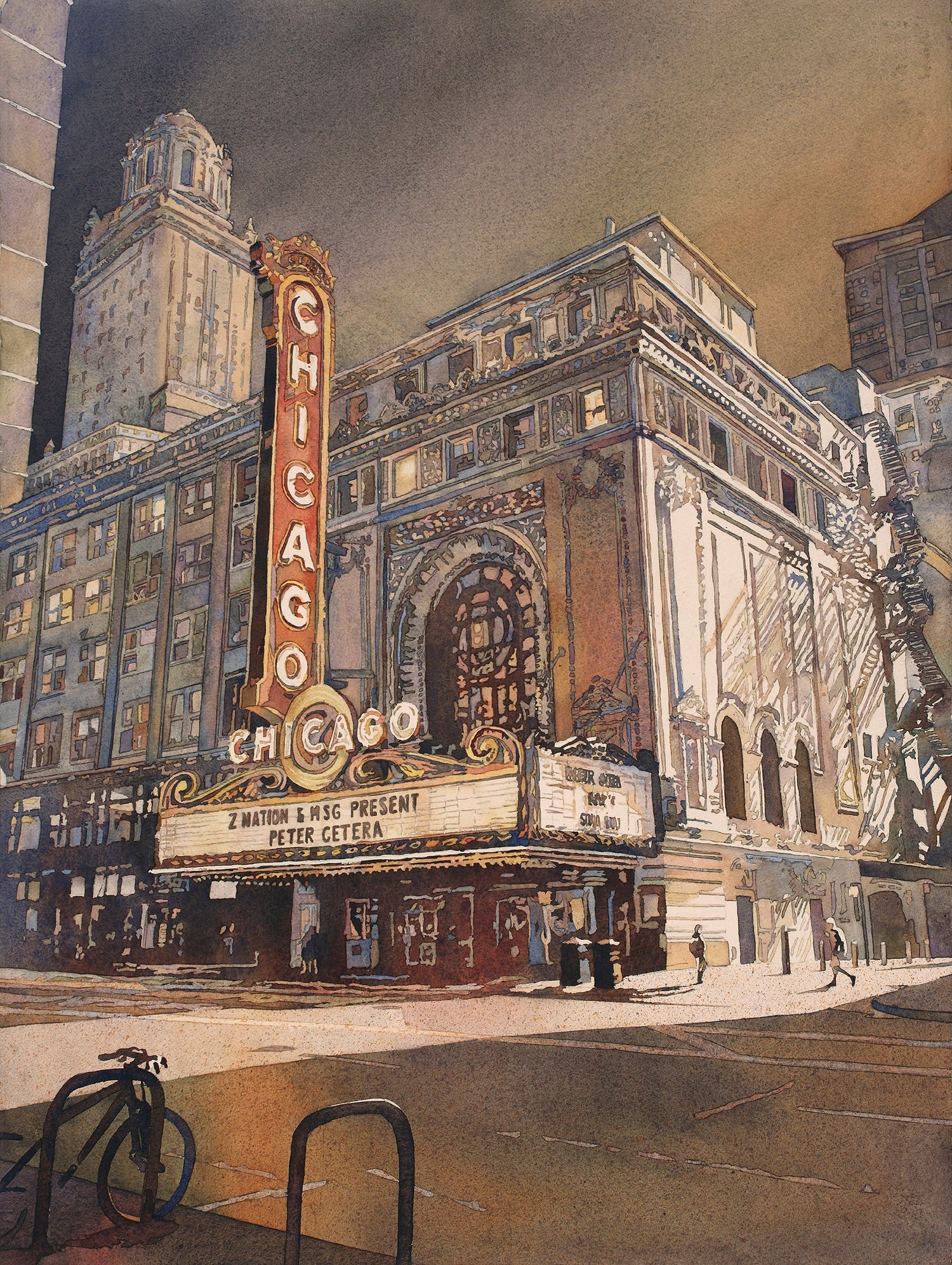 Chicago Theatre painting in downtown Chicago at sunset.  Fine art watercolor painting of Chicago Theatre, Illinois.