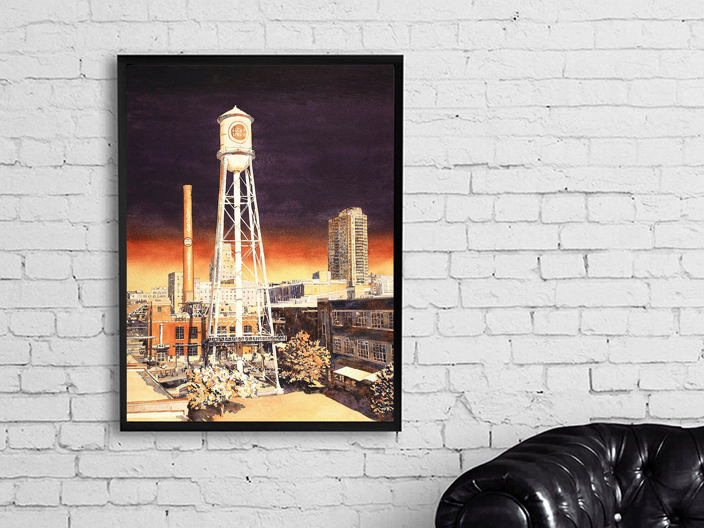 Durham, NC skyline painting. Water tower on the American Tobacco Campus in downtown Durham, NC at sunset Durham artwork home decor sunset (print)