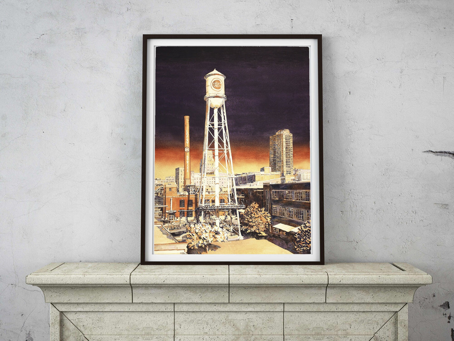 Durham, NC skyline painting. Water tower on the American Tobacco Campus in downtown Durham, NC at sunset Durham artwork home decor sunset (print)