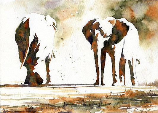 Elephants passing each other in field.  Colorful watercolor of elephants home decor animals watercolor painting giclee elephant wall art (print)