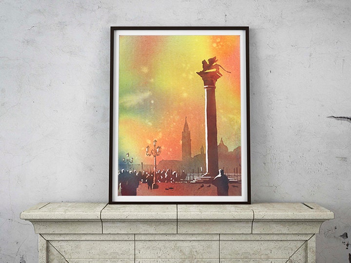 Venice, Italy watercolor painting (original).  Fine art watercolor painting of Lion of St. Marks Square in Venice, Italy at sunset