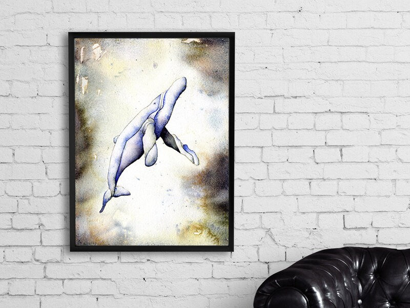 Whale swimming- nautical artwork of whale swimming in ocean.  Whale fine art painting home decor beach house art ocean watercolor painting