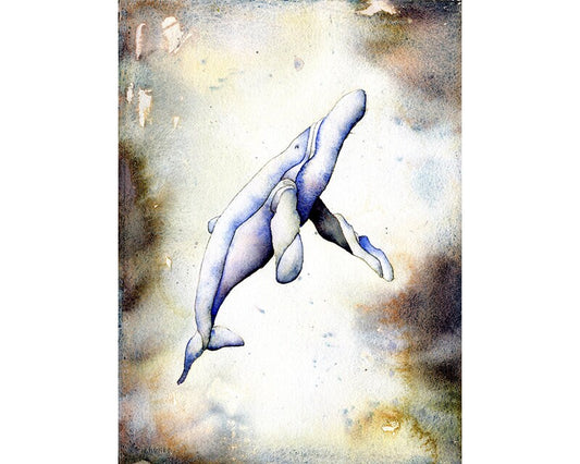 Natación de ballenas: obra de arte náutica de ballenas nadando en el océano. Ballena bellas artes pintura decoración del hogar casa de playa arte océano acuarela pintura