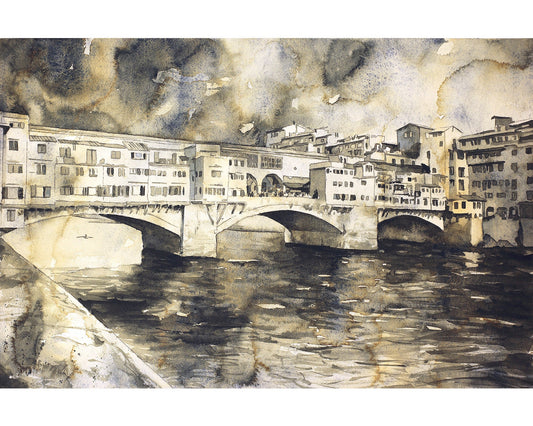 Ponte Vecchio bridge in medieval city of Florence, Italy. Watercolor of Ponte Vecchio, Florence art Italy fine art watercolor decor (print)