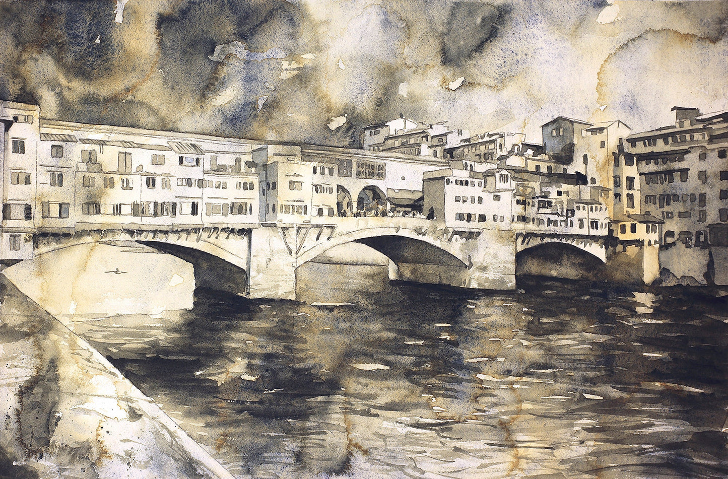 Ponte Vecchio bridge in medieval city of Florence, Italy. Watercolor of Ponte Vecchio, Florence art Italy fine art watercolor decor (print)