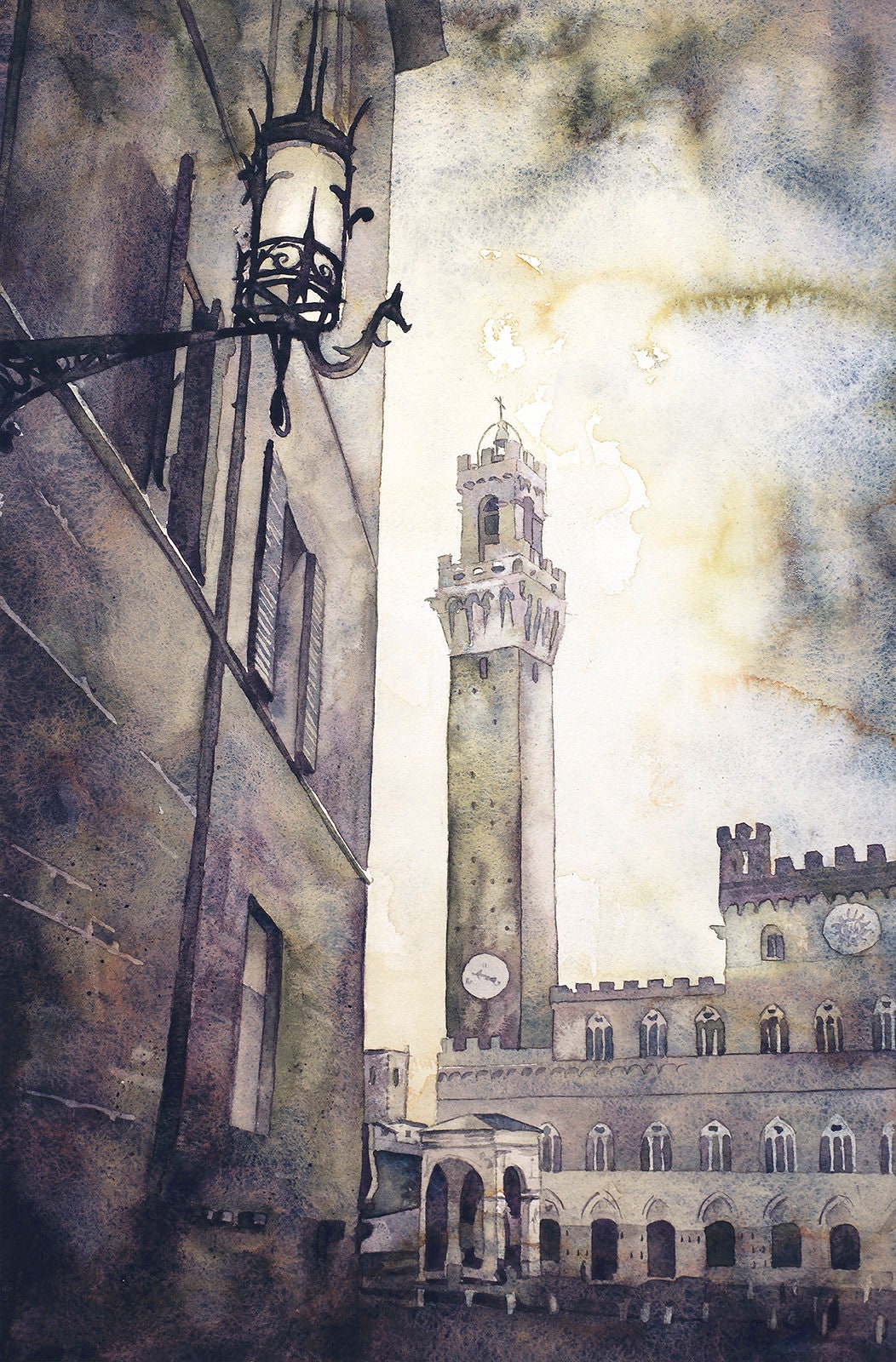 Piazza del Campo in medieval city of Siena, Italy.  Watercolor painting of Tower of Mangia in the Pubblico Palace in Siena Italy artwork (print)