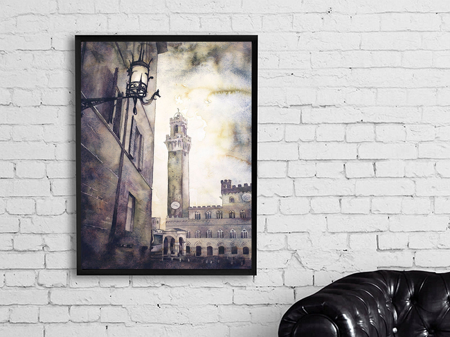 Piazza del Campo in medieval city of Siena, Italy.  Watercolor painting of Tower of Mangia in the Pubblico Palace in Siena Italy artwork (print)