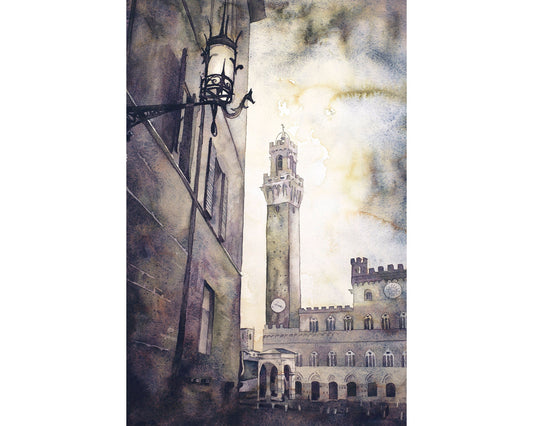 Piazza del Campo in medieval city of Siena, Italy.  Watercolor painting of Tower of Mangia in the Pubblico Palace in Siena Italy artwork (print)