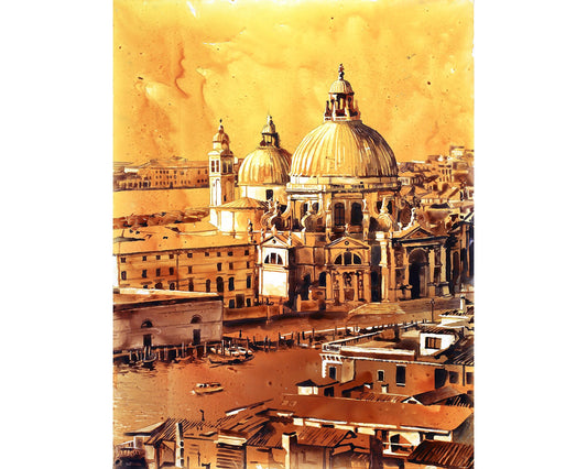 Basilica di Santa Maria in Venice, Italy.  Watercolor painting of Venice Italy artwork fine art painting yellow home decor Venice
