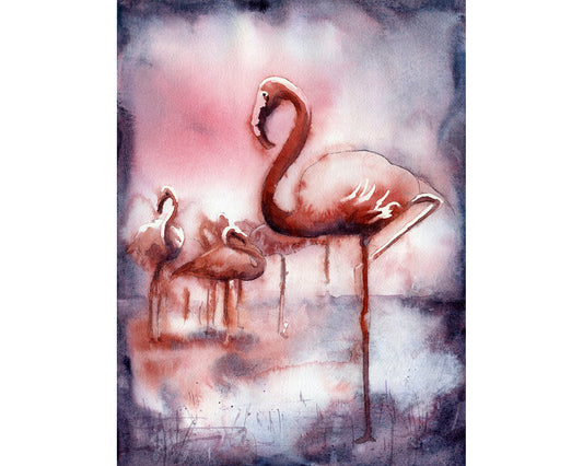 Flamingos at zoo.  Watercolor painting flamingo.  Flamingo art.  Flamingo artwork colorful artwork home decor flamingo (print)