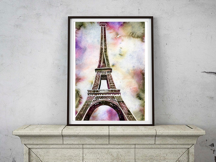 Eiffel Tower at sunset- Paris, France.  Fine art watercolor painting of Eiffel Tower in Paris, home decor Paris Eiffel Tower artwork decor (print)