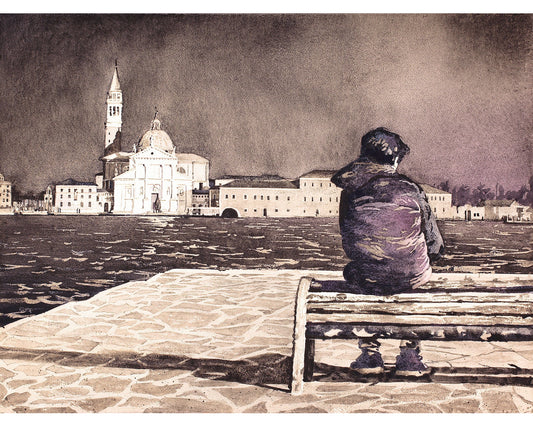 Venice, Italy artwork.  Boy sitting on bench in front of Church of San Giorgio Maggiore in Venice, Italy.  B&W monochromatic artwork Italy (print)