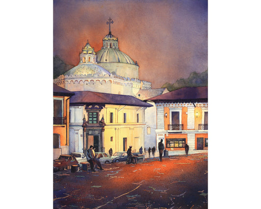 Quito church rising over colonial buildings in El Centro of downtown Quito, Ecuador. Watercolor painting church Quito fine art decor Ecuador