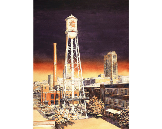 Durham, NC skyline painting. Water tower on the American Tobacco Campus in downtown Durham, NC at sunset Durham artwork home decor sunset (print)