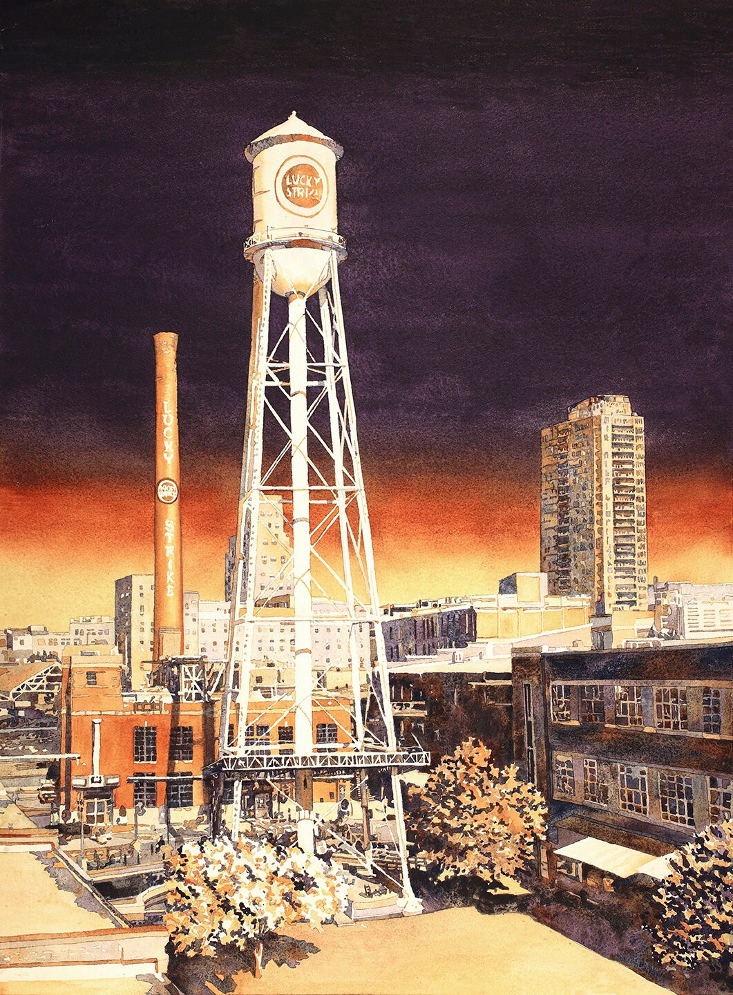 Durham, NC skyline painting. Water tower on the American Tobacco Campus in downtown Durham, NC at sunset Durham artwork home decor sunset (print)