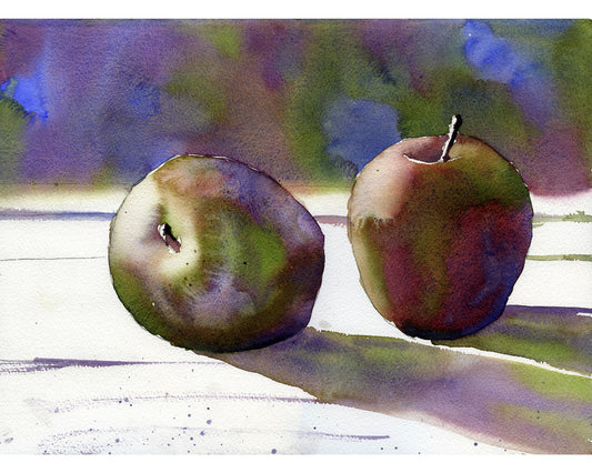 Red apples on table.  Watercolor painting of apples home decor fruit kitchen artwork red green painting kitchen art apples still life art