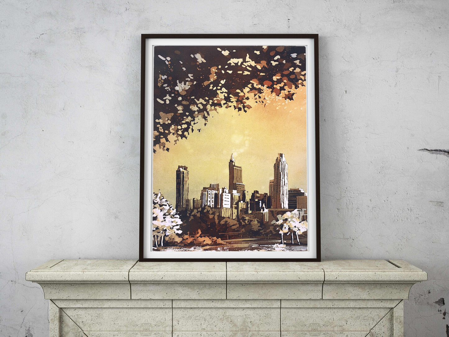 Watercolor painting of downtown Raleigh, NC skyline at dawn- Raleigh skyline artwork, fine art painting Raleigh, North Carolina art (print)