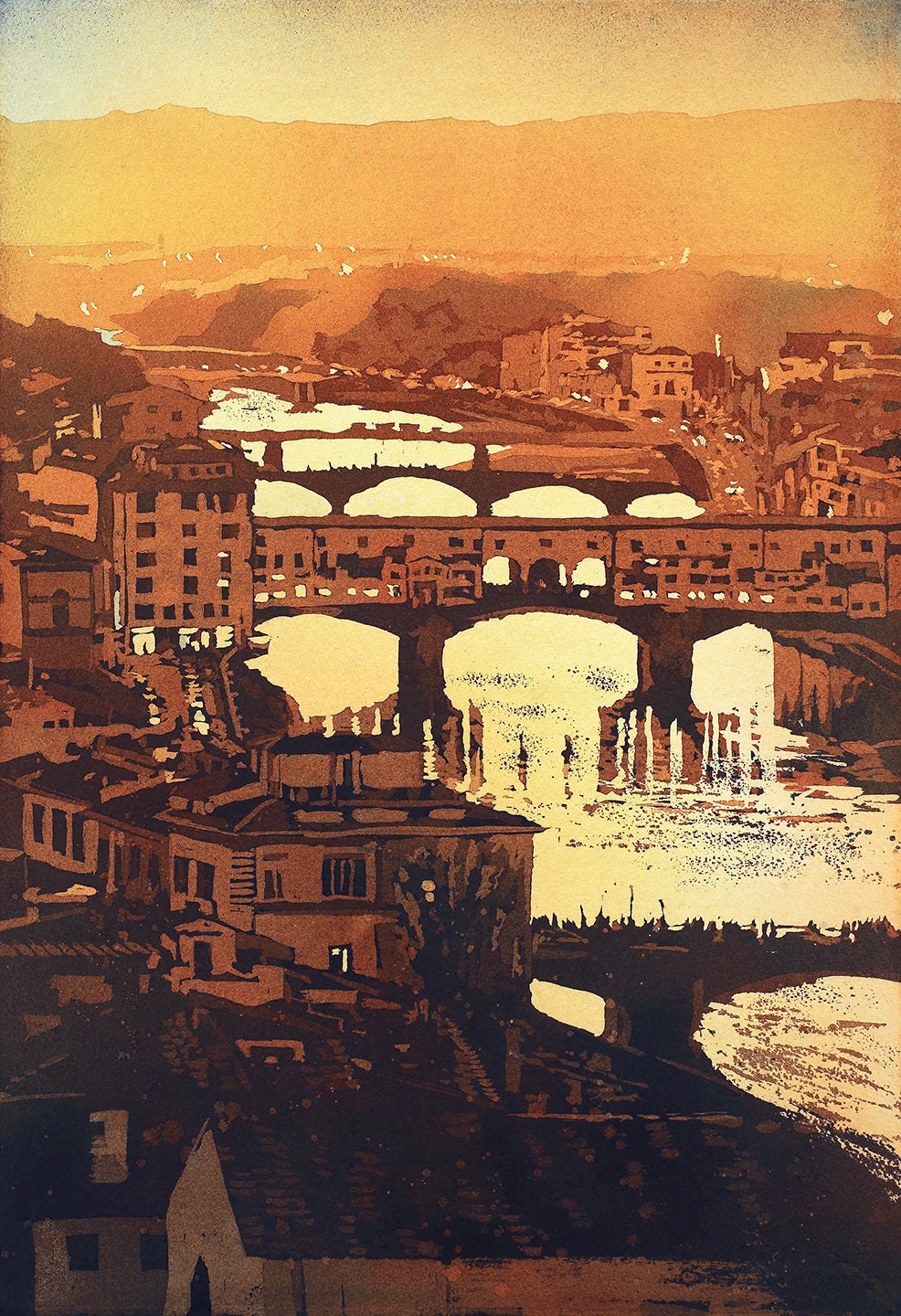 Ponte Vecchio at sunset in the medieval city of Florence, Italy at night.  Florence Italy watercolor fine art Ponte Vecchio (print)