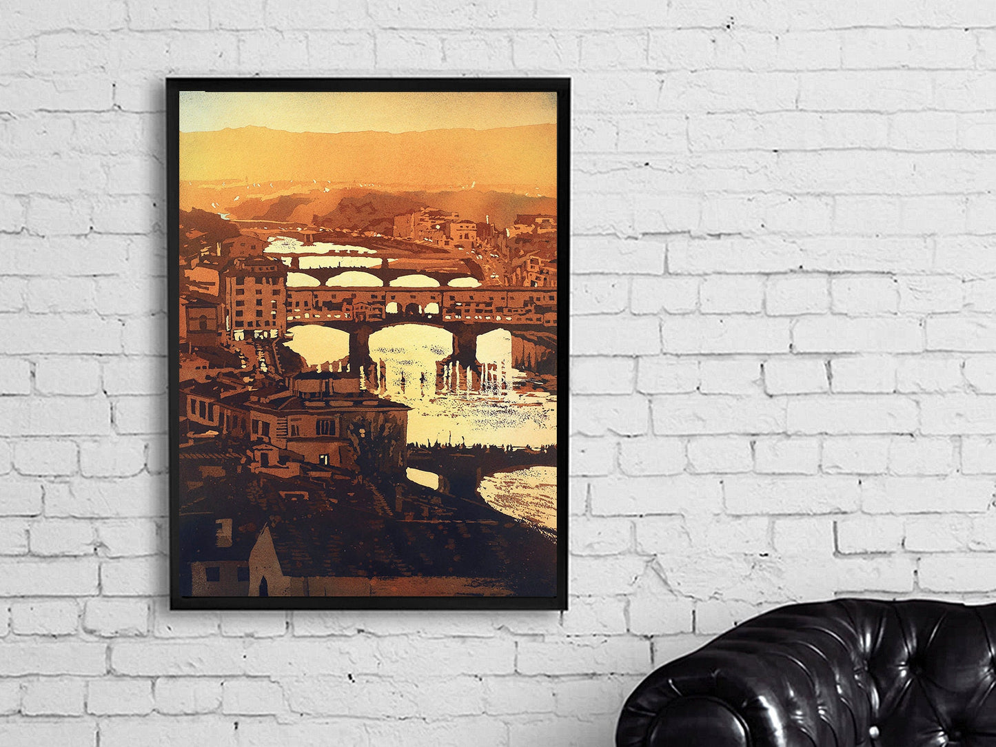 Ponte Vecchio at sunset in the medieval city of Florence, Italy at night.  Florence Italy watercolor fine art Ponte Vecchio (print)