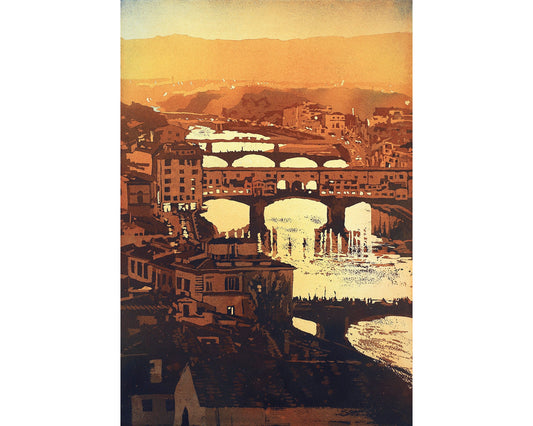 Ponte Vecchio at sunset in the medieval city of Florence, Italy at night.  Florence Italy watercolor fine art Ponte Vecchio (print)