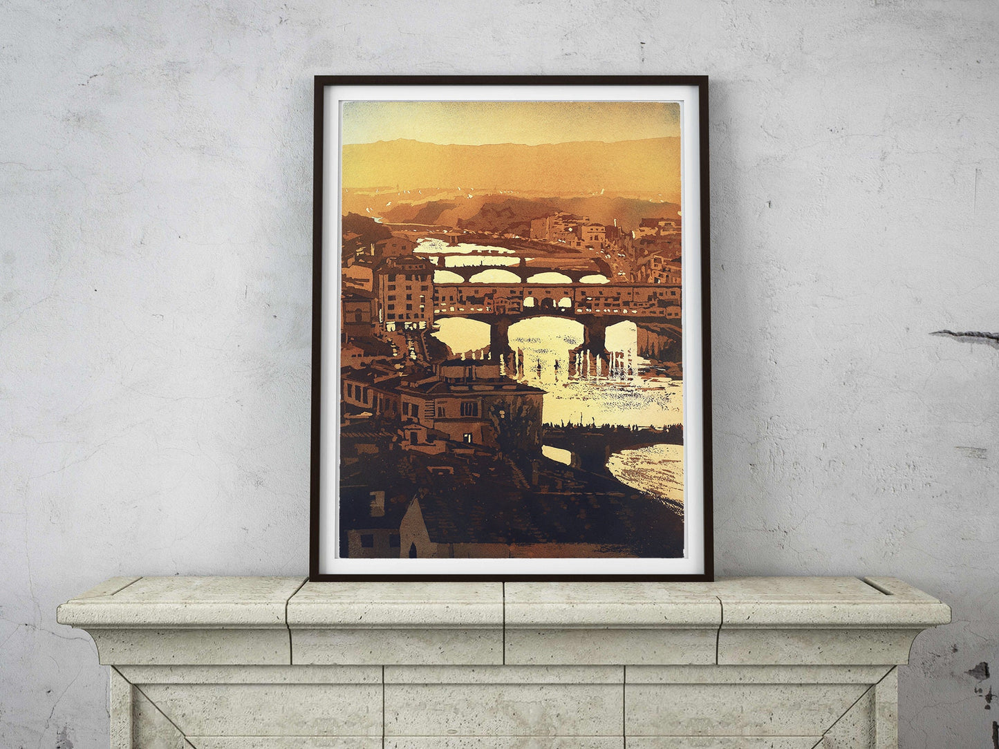 Ponte Vecchio at sunset in the medieval city of Florence, Italy at night.  Florence Italy watercolor fine art Ponte Vecchio (print)