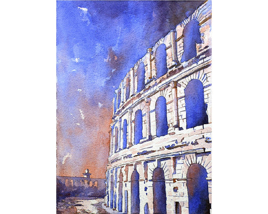 Roman Coliseum in the town of El-Djem, Tunisia.  Watercolor painting of ruins of Roman Coliseum in Tunisia home decor ruins wall art blue