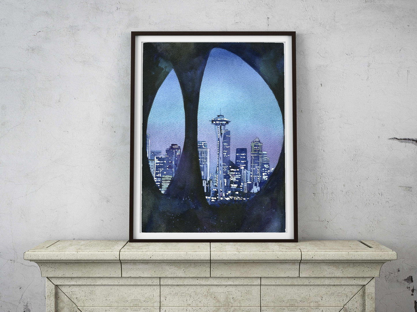 Seattle, WA skyline with Space Needle as viewed through sculpture on Queen Ann Hill. Seattle art skyline painting watercolor blue