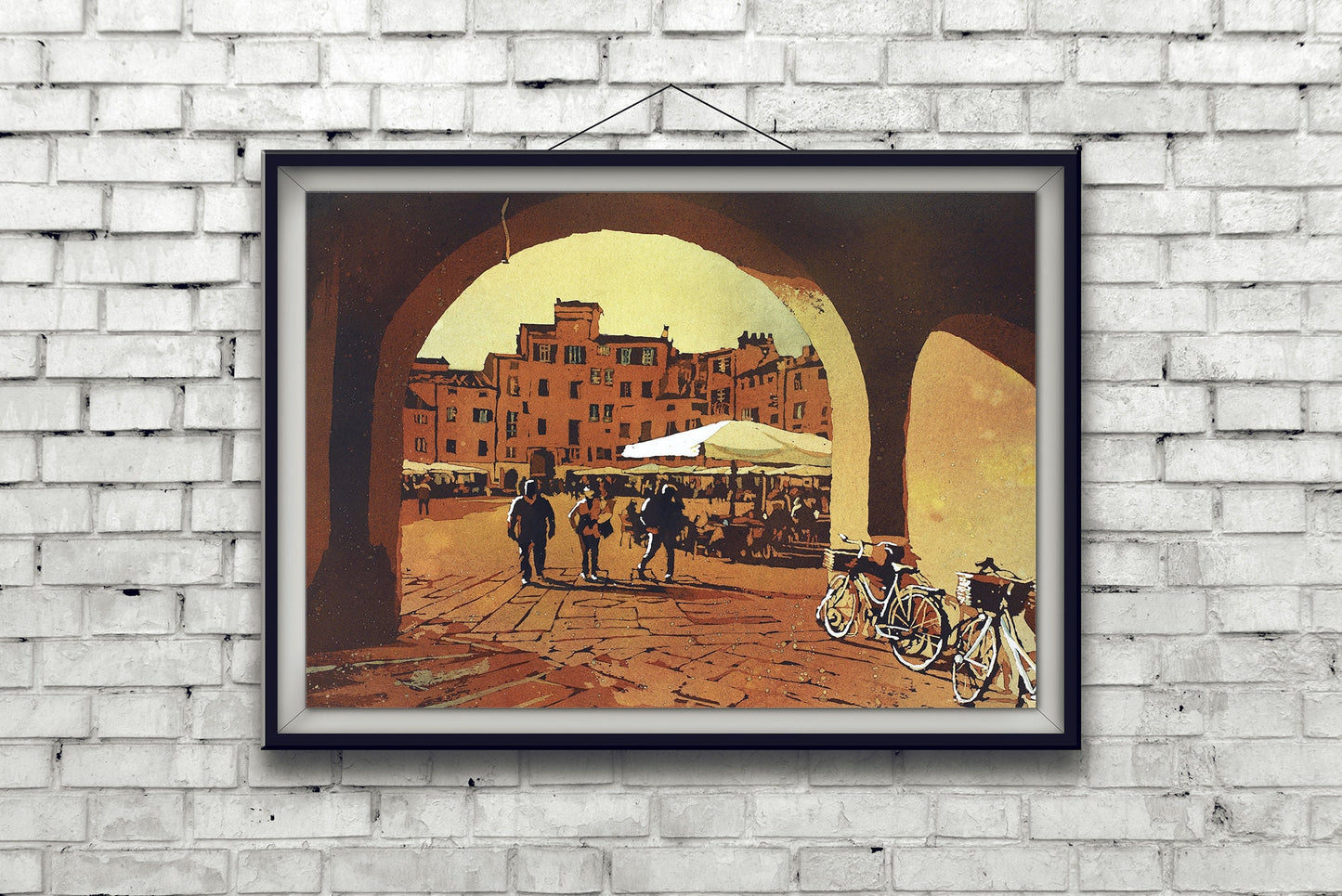 Watercolor painting of Lucca, Italy- people in the Anfiteatro central square.  Painting Lucca Italy artwork watercolor orange Italian art