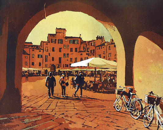 Watercolor painting of Lucca, Italy- people in the Anfiteatro central square.  Painting Lucca Italy artwork watercolor orange Italian art