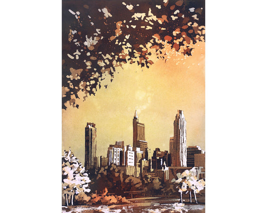 Watercolor painting of downtown Raleigh, NC skyline at dawn- Raleigh skyline artwork, fine art painting Raleigh, North Carolina art (original art)