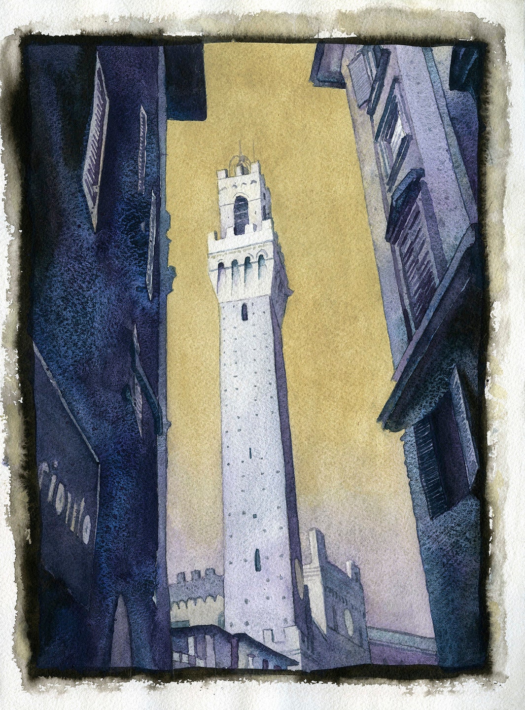 Piazza del Campo in medieval city of Siena, Italy.  Watercolor painting of Tower of Mangia in the Pubblico Palace in Siena Italy (print)