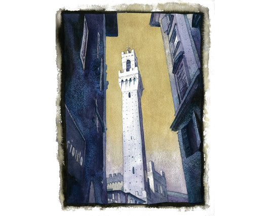 Piazza del Campo in medieval city of Siena, Italy.  Watercolor painting of Tower of Mangia in the Pubblico Palace in Siena Italy (print)