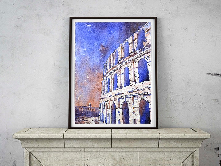 Roman Coliseum in the town of El-Djem, Tunisia.  Watercolor painting of ruins of Roman Coliseum in Tunisia home decor ruins wall art blue