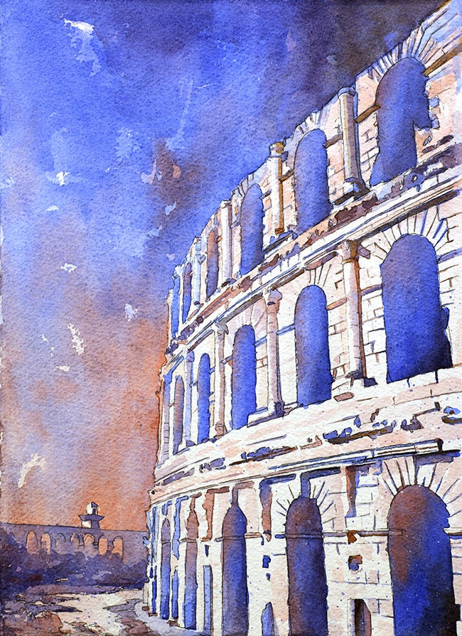 Roman Coliseum in the town of El-Djem, Tunisia.  Watercolor painting of ruins of Roman Coliseum in Tunisia home decor ruins wall art blue