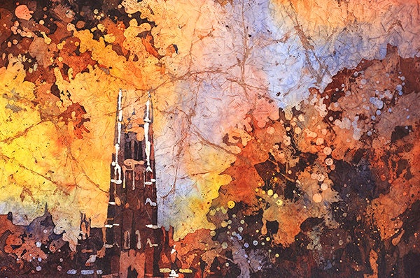 Duke Chapel on the Duke University campus- Durham, North Carolina (USA).  Watercolor batik painting Duke Chapel Durham, NC at sunset art (print)