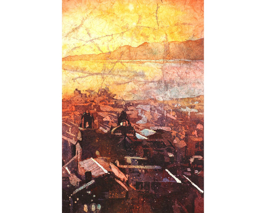 Watercolor painting of 18th century Baroque cathedral in Puno, Peru on Lake Titicaca at sunrise.  Sunrise landscape painting Peru artwork