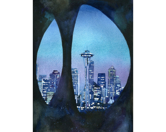 Seattle, WA skyline with Space Needle as viewed through sculpture on Queen Ann Hill. Seattle art skyline painting watercolor blue