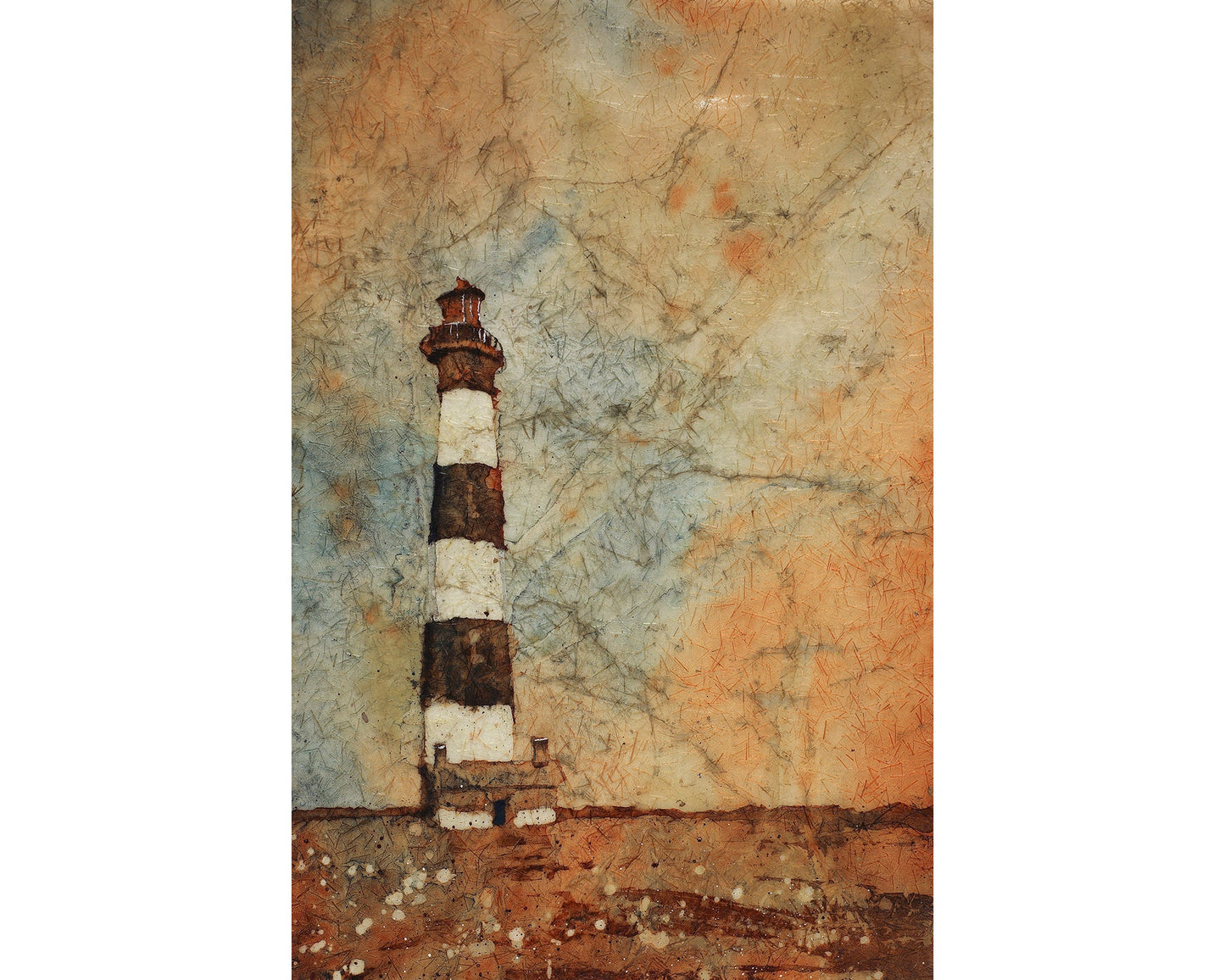 Painting of Bodie Island lighthouse at sunset in the Outer Banks (OBX) of North Carolina- USA.  Watercolor batik art lighthouse decor (print)
