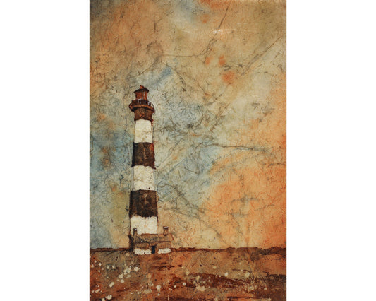 Painting of Bodie Island lighthouse at sunset in the Outer Banks (OBX) of North Carolina- USA.  Watercolor batik art lighthouse decor (print)