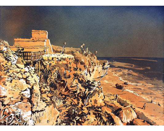 Mayan ruins at Tulum in Mexico. Watercolor painting of Mayan ruins in Tulum in Yucatan Peninsula- Mexico Mayan Riviera artwork Tulum ruins (print)