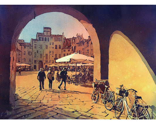 Lucca, Italy- people in the Anfiteatro central square.  Painting Lucca Italy artwork home decor Italy colorful art Lucca wall art Italy (print)