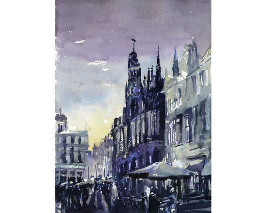 La Maison du Roi (Grand Museum) on the Grand Place of Brussels in downtown Brussels illuminated at night. Brussels artwork watercolor (print)