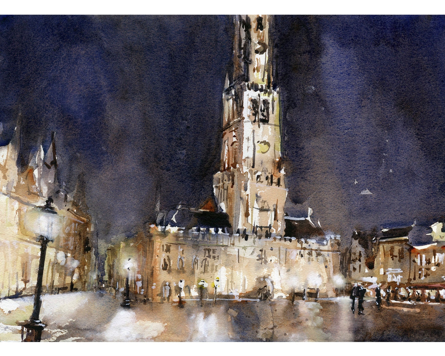 Bruges art.  Medieval bell tower in the centre of Bruges, Belgium.  Watercolor painting of Bruges Belgium belfry skyline artwork (print)