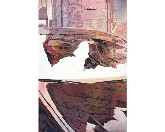 Church reflection in windshield of car in city of Koblenz, Germany.  Church watercolor painting fine art Germany Koblenz church art (print)