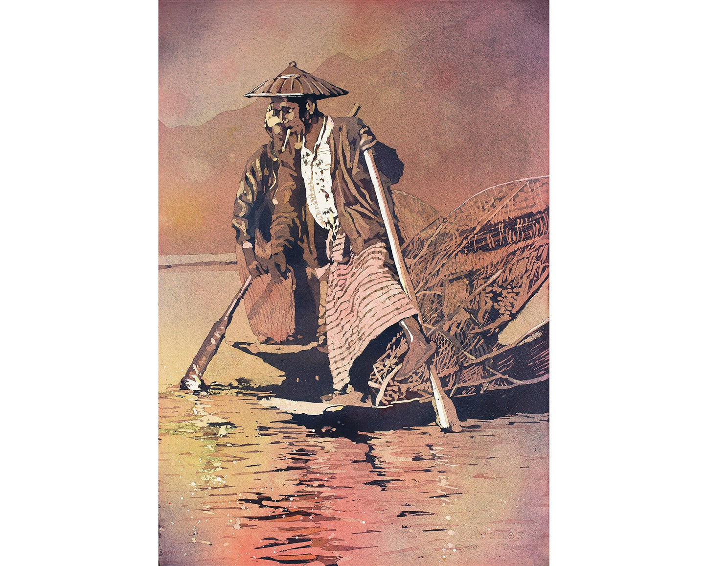Leg-rower Intha fishermen on Inle Lake, Myanmar.  Watercolor painting of Inta Fishermen on Inle Lake, Burma artwork home decor Myanmar (print)