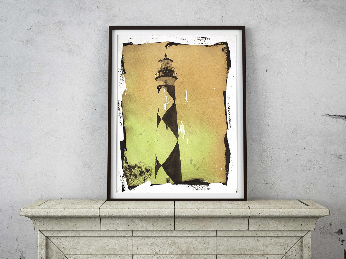 Painting of Cape Lookout lighthouse w/ faux photo border- Outer Banks, North Carolina.  Cape Lookout lighthouse home decor OBX painting (print)