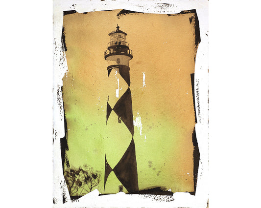 Painting of Cape Lookout lighthouse w/ faux photo border- Outer Banks, North Carolina.  Cape Lookout lighthouse home decor OBX painting (print)